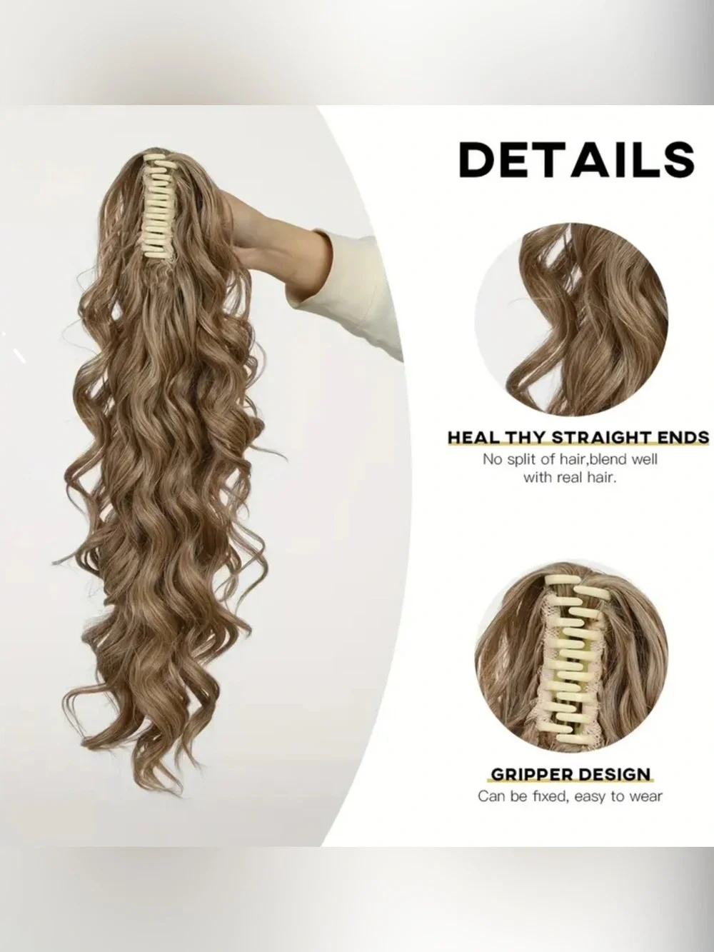 NWT 18” Ponytail extension with attached claw clip, wavy, ash blonde shades
